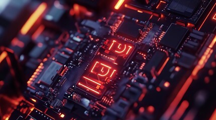 Obraz premium A Futuristic Circuit Board Glows With Vibrant Red Energy, Pulsating With Technological Power And Potential, Showcasing Intricate Details And Intense Illumination