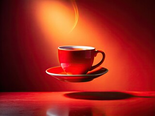 Obraz premium Suspended red coffee cup, modern night photography; vibrant backdrop, captivating levitation.