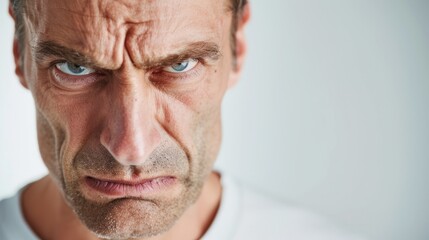 Obraz premium Closeup portrait of a man, likely middle-aged, captured from a close-up angle with a focus on his facial expression, which conveys a sense of concern or worry.