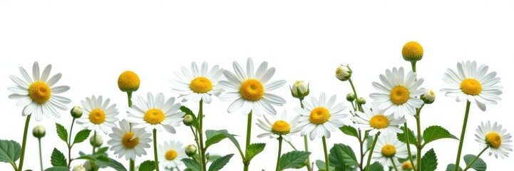 Fototapeta premium Fresh camomile flowers isolated on white background, botanical, flower, greenery