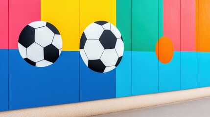 Obraz premium Modern school sports ground design Concept, Colorful Sports Murals for Decoration in Urban Spaces Featuring Soccer Balls and Abstract Design