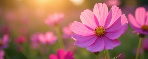 Obraz premium Delicate cosmos blooms, vibrant pink petals, soft sunlight , summer, delicate