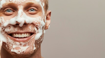 Naklejka premium The image features a smiling man with foamy hands from washing his face.