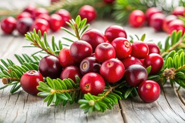 Vibrant cranberries, glistening on a green stem, contrast beautifully against a pristine white backdrop.  A healthy, vintage-inspired image.
