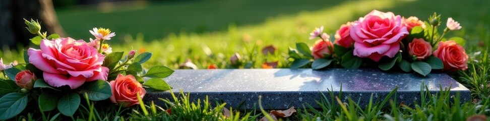 Elegant floral arrangement adorns simple grave marker , eternity, elegant