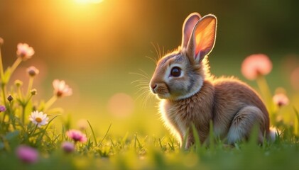 Obraz premium Fluffy bunny nibbles wildflowers, sunset glow, joy, macro