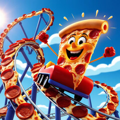 A pizza slice riding a roller coaster made of pepperoni and cheese._The pizza slice laughs and cheers, its crust glowing with excitement
