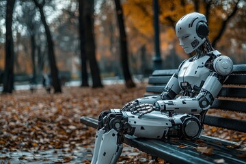 a robot sitting alone on a bench in a park, with a melancholic expression. Autumn leaves scattered around create a sense of solitude 