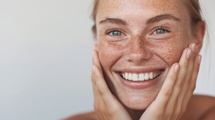 Smiling woman with glowing skin showcasing beauty product.