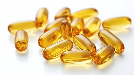 Fish oil capsules, omega 3 on white	
