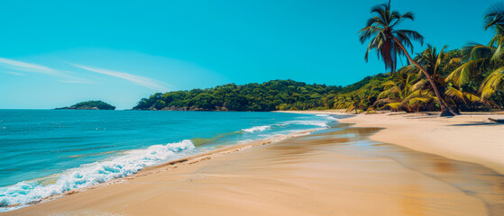 Naklejka premium Blue water and tropical sea beach with perfectly clean sand and palm trees growing on coast on background of bright blue clear gradient sky. Travel advertising banner. Paradise. Copy space for text.
