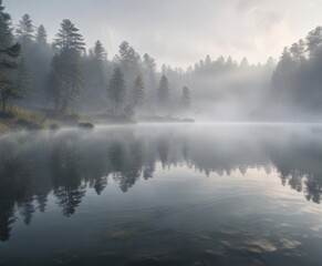 Fototapeta premium Misty morning fog rolling over a lake's surface, calm, serene