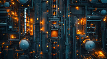Fototapeta premium Industrial food processing plant top view, robotic ingredient sorting, high-speed packaging systems, and AI-driven quality control ensuring food safety