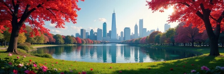 Obraz premium Serene Battery Park with vibrant cityscape backdrop, peaceful, tranquil, foreground