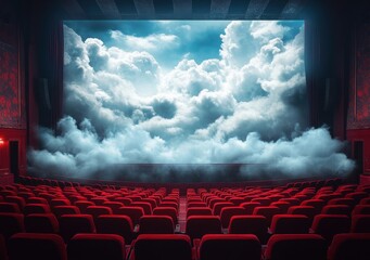Theater interior with red seats and a large screen displaying a cloudy sky enhancing the cinematic atmosphere