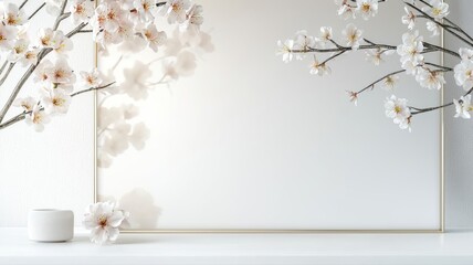 Minimalistic white space with delicate cherry blossoms on branches, creating a serene and elegant atmosphere.