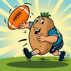A potato playing rugby with a sweet potato ball