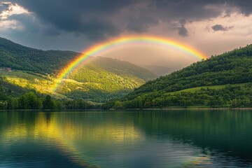 Naklejka premium a vibrant rainbow arches over a serene lake surrounded by rolling green hills