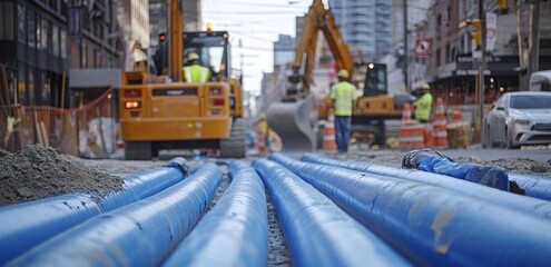 Blue Utility Pipes During Urban Street Construction