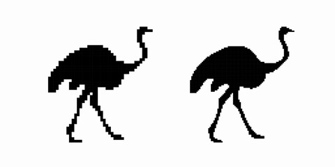 Two ostriches in silhouette display long necks and legs, walking gracefully side by side.