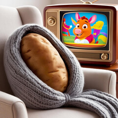 A potato wrapped in a blanket, watching TV