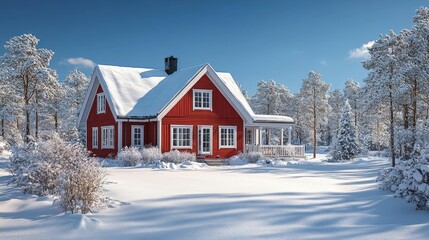 Snowy Red House In Winter Forest