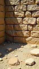 Fototapeta premium Ancient stone wall fragments scattered on the ground, dust, debris, wall