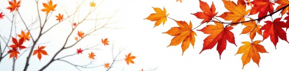 Vibrant autumn leaves on bare branches against white , red, color