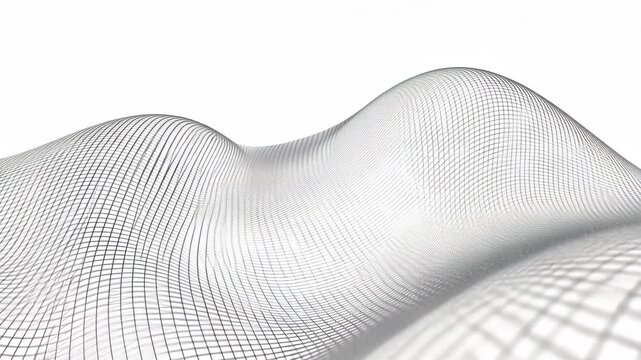 Digital wireframe forms create an abstract landscape with smooth curves and intricate grid patterns