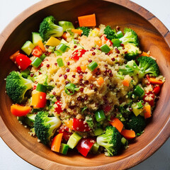 A quinoa salad with veggies dancing in a bowl