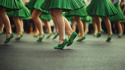 Dancing performers in green attire and shoes on the street.