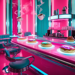 A retro-futuristic caf&eacute; with floating coffee cups and neon pastries