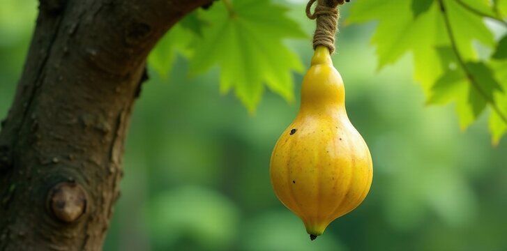 Pointed gourd in jute sack hanging from a tree branch, trichosanthes dioica, parwal