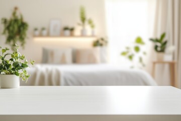 Sleek white rectangular wooden table with even lighting and blurred modern bedroom background featuring neatly made bed and bedside tables
