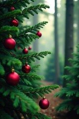 Fototapeta premium A forest of fir trees with red ornaments hanging from their branches, forest, branches, tree