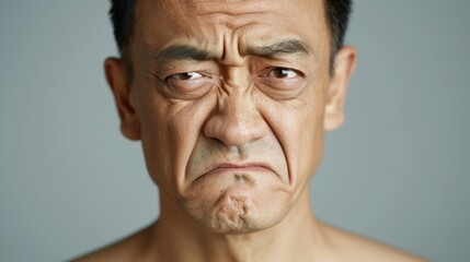The image features a mature adult male with visible wrinkles on his face, expressing an exaggerated displeasure or shock.