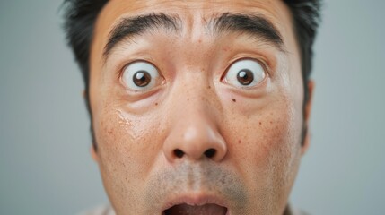 A person's face with an exaggerated expression of surprise or shock.
