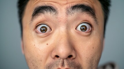 Obraz premium The image features an Asian male face with a surprised or shocked expression.