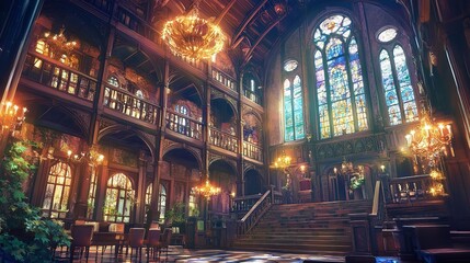 Fototapeta premium A Grand, Enchanting Castle Interior Glows With Warm Light, Stained Glass Windows Casting Vibrant Hues Across A Sweeping Staircase And Opulent Wooden Architecture