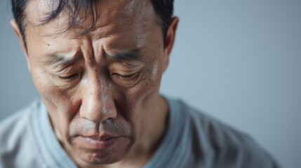 The image shows an older Asian man looking distressed or pensive.