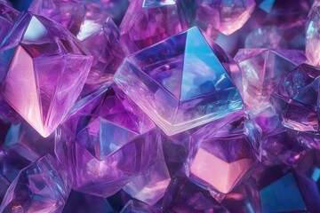 a mesmerizing kaleidoscope of geometric shapes floating in zero gravity rendered in neon purples and electric blues with crystalline structures casting prismatic reflections