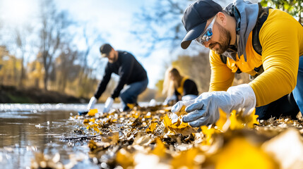 In a vibrant display of community spirit, volunteers work diligently to clean a polluted riverbank. Wearing gloves and focused, they gather fallen leaves and debris, ensuring a healthier ecosystem