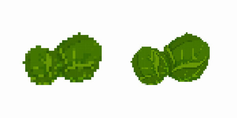 Two green leaves shown in a low resolution digital style, with visible pixelated texture details.