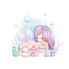 Watercolor Illustration Cute Mermaid and Her Pearl