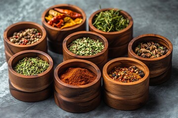 Culinary Spices Assortment: Wooden Bowls with Dried Herbs, Peppers, and Granules on Textured Surface.
