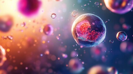 Naklejka premium Microscopic view of a cell undergoing apoptosis, nucleus shrinking and chromatin condensing, surrounded by other cells, cellular structures in focus.