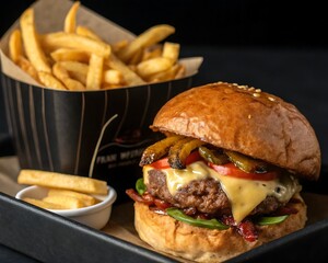 Delicious cheeseburger with fries. Fast food, restaurant menu.