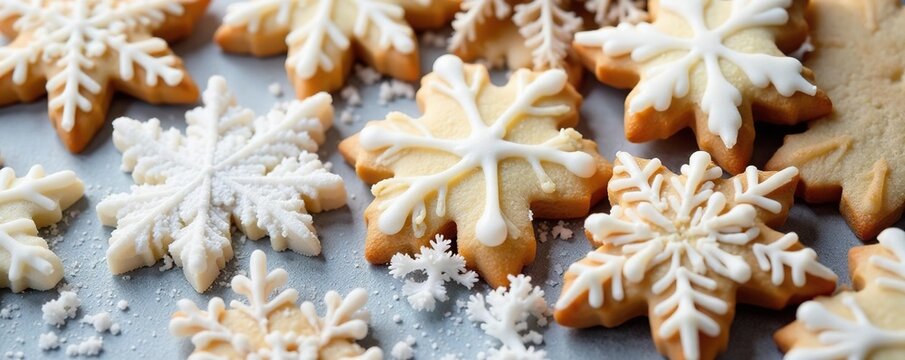 Freshly baked snowflake sugar cookies with white icing details, treats, white icing