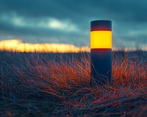Glowing Trail Marker in Open Field at Sunset Hiking Adventure Concept