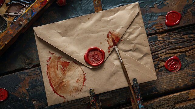 A brown envelope with a red wax seal sits on a wooden table with an artist's palette and brushes.